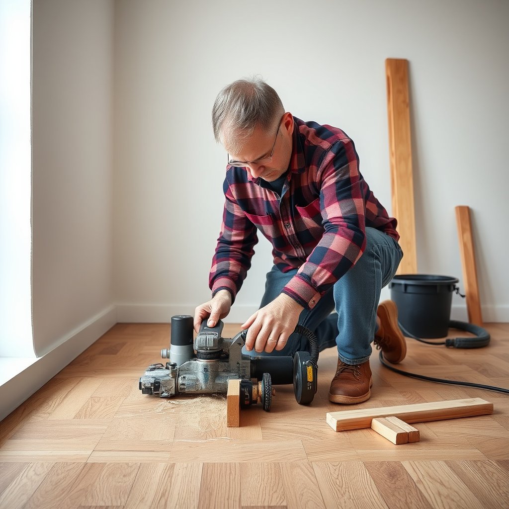 A person trimming parquet flooring with a saw, showcasing the right tools for clean cuts.