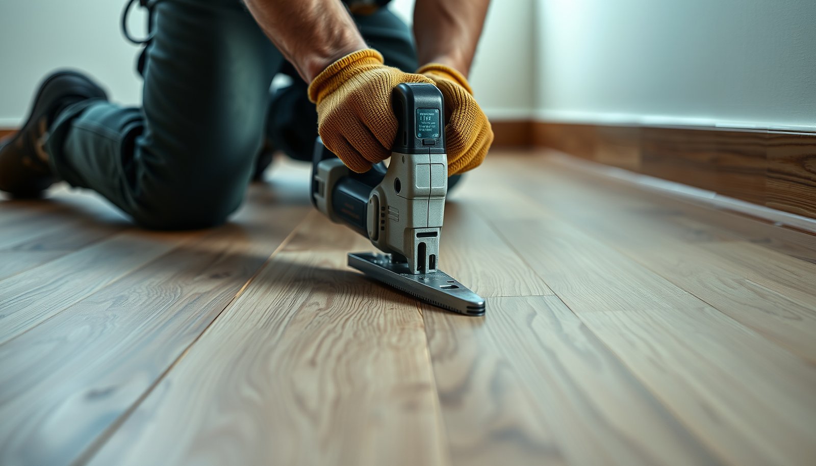 A person using tools to trim parquet flooring with clean cuts and safe methods.
