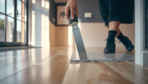 A person trimming sheet vinyl flooring with a utility knife for clean, straight cuts.