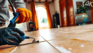 A person using a tile cutter to trim terracotta floor tiles for a clean finish.