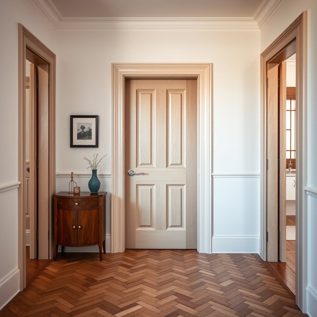 A professional showing how to undercut a door jamb for herringbone floor installation.