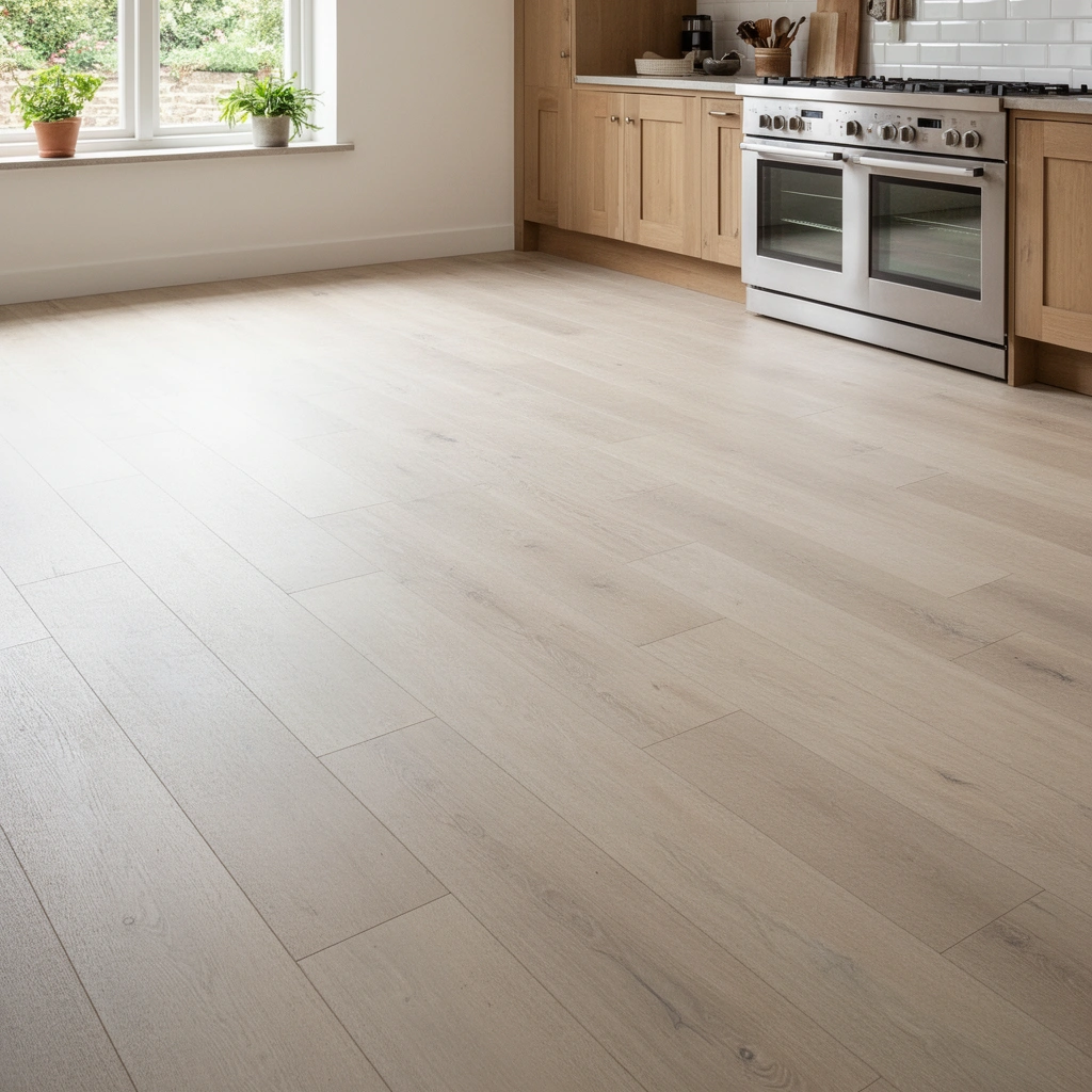 Image illustrating key factors for choosing kitchen floors: traffic, moisture, and comfort.