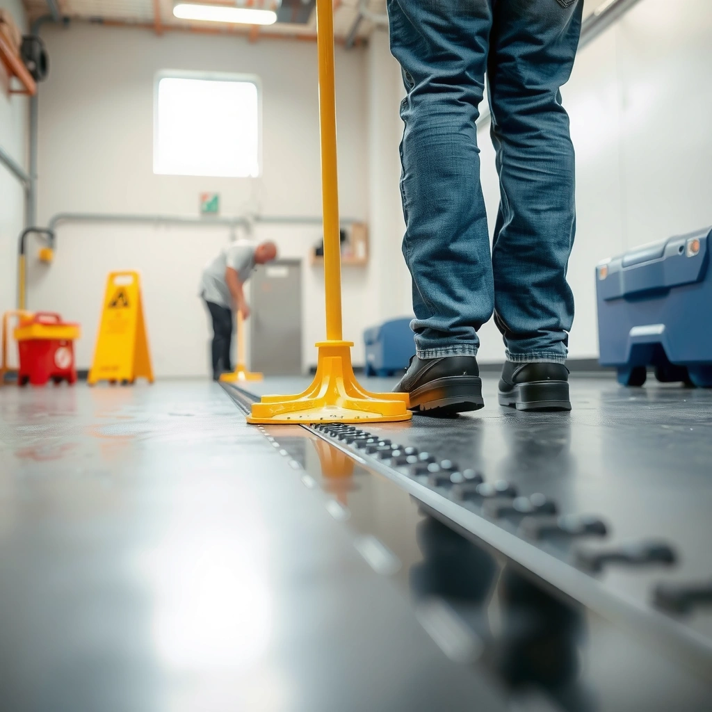 Illustration showing factors that make rubber floors slippery, including moisture and wear.