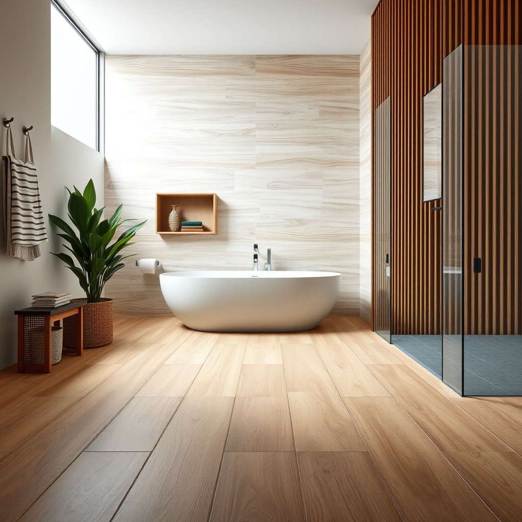 Diagram explaining the waterproof characteristics of engineered wood floors in bathrooms