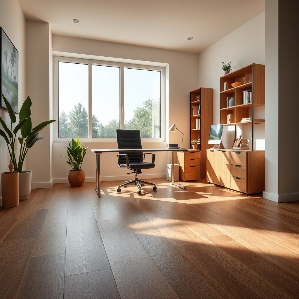 Explaining the meaning of waterproof for laminate floors in a home office setting