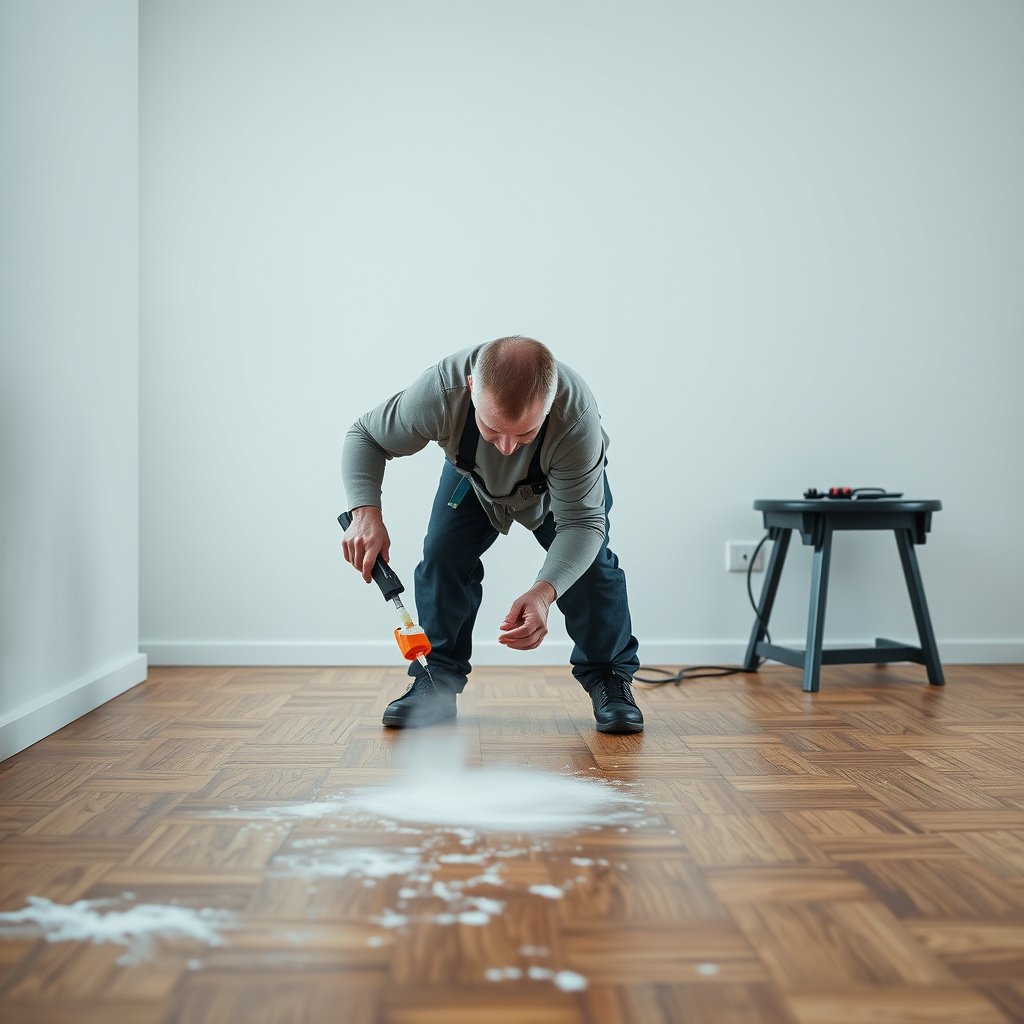 Applying heat or steam to remove adhesive from parquet floors safely and effectively.