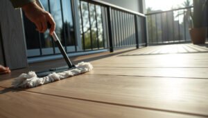 A clean balcony with well-maintained vinyl floors, showcasing practical care tips for vinyl flooring.