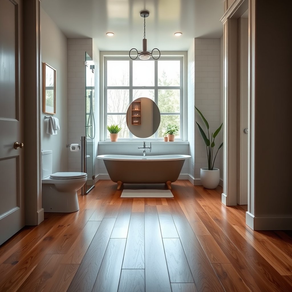Hardwood floor finish and setup for water protection in a bathroom