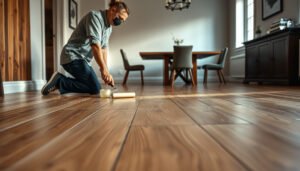 Step-by-step guide to waterproofing engineered wood floors in a dining room.