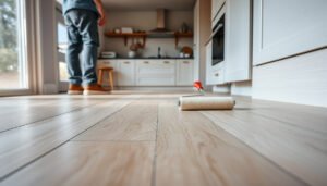 Step-by-step guide on waterproofing engineered wood floors in a kitchen setting.