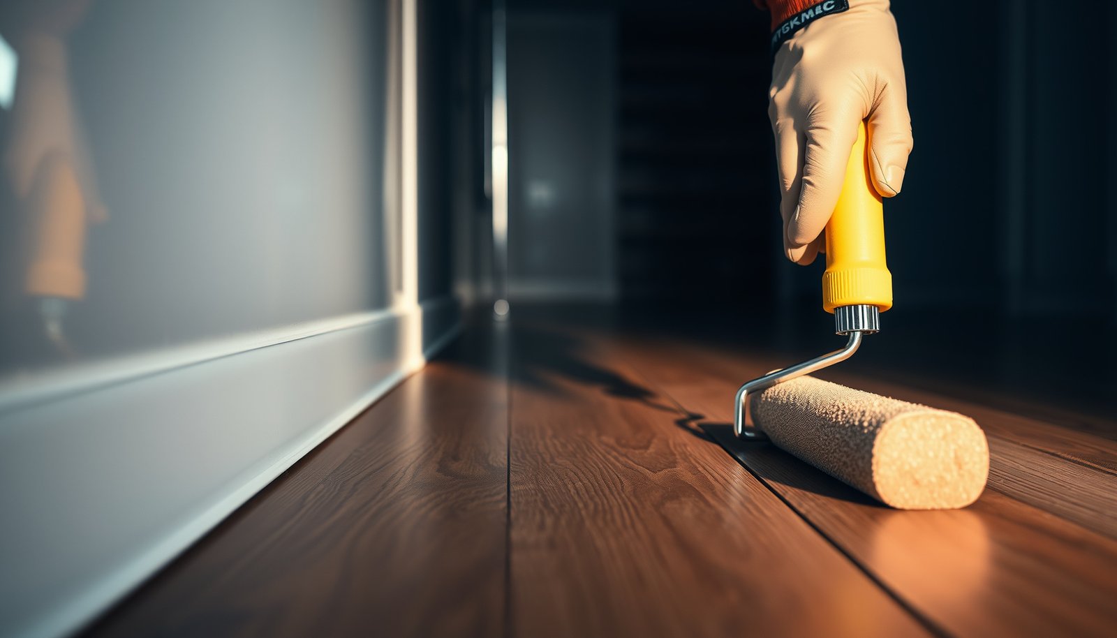 Step-by-step guide on waterproofing engineered wood floors in a bathroom setting.