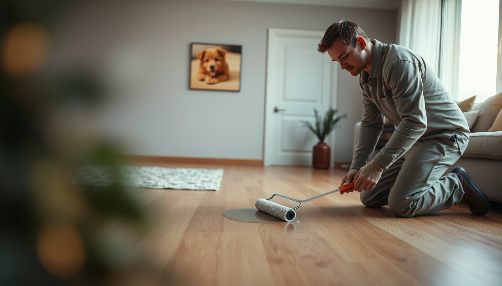 Step-by-step process of waterproofing hardwood floors in a living room for durability and protection.