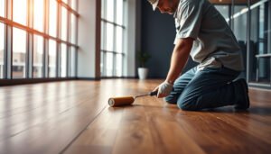 Step-by-step process for waterproofing hardwood floors in a commercial office setting.