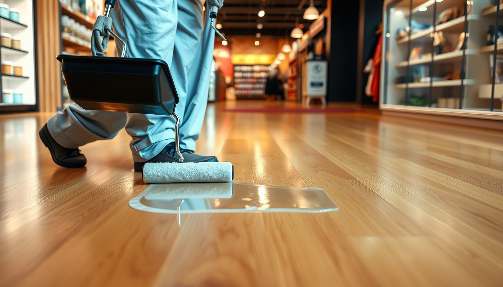 Step-by-step process for waterproofing hardwood floors in a retail store setting.
