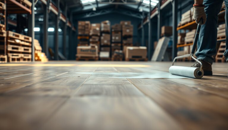 Step-by-step process of waterproofing hardwood floors in a warehouse setting.
