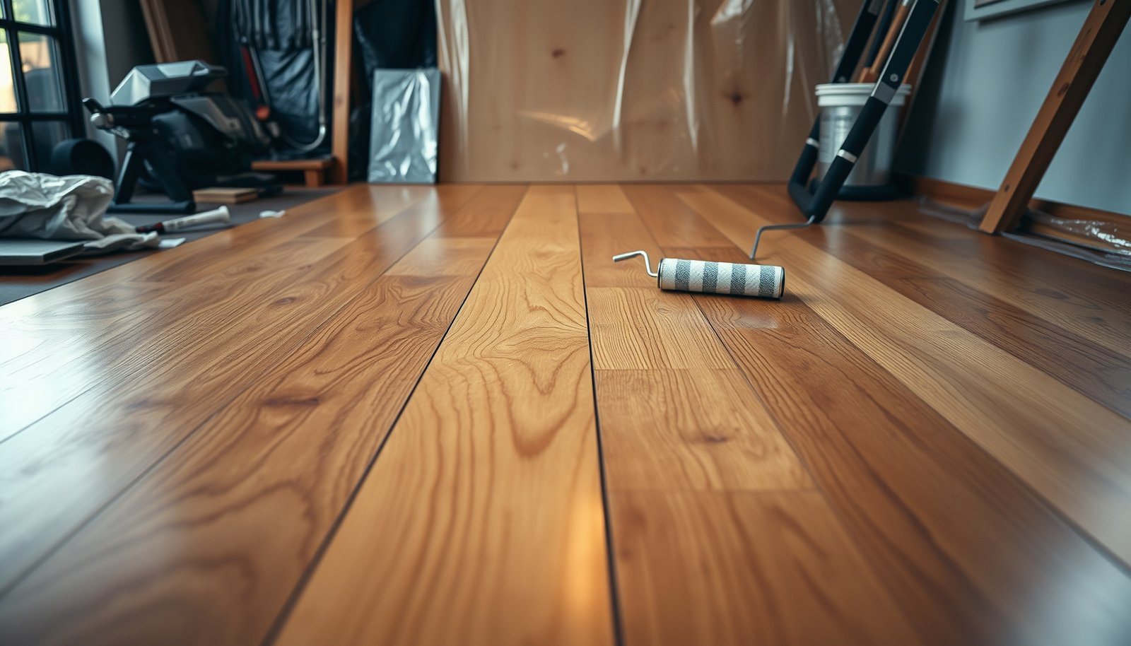 Step-by-step process of waterproofing hardwood floors in a workshop setup.