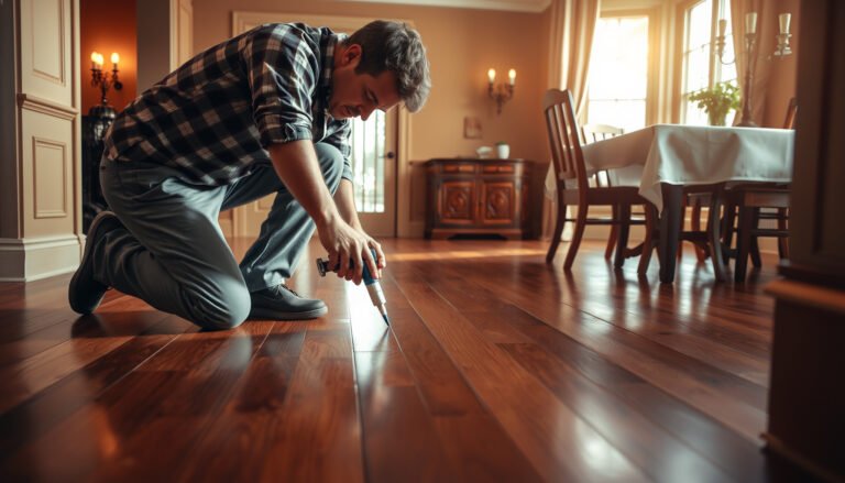 Step-by-step process of waterproofing hardwood floors in a dining room