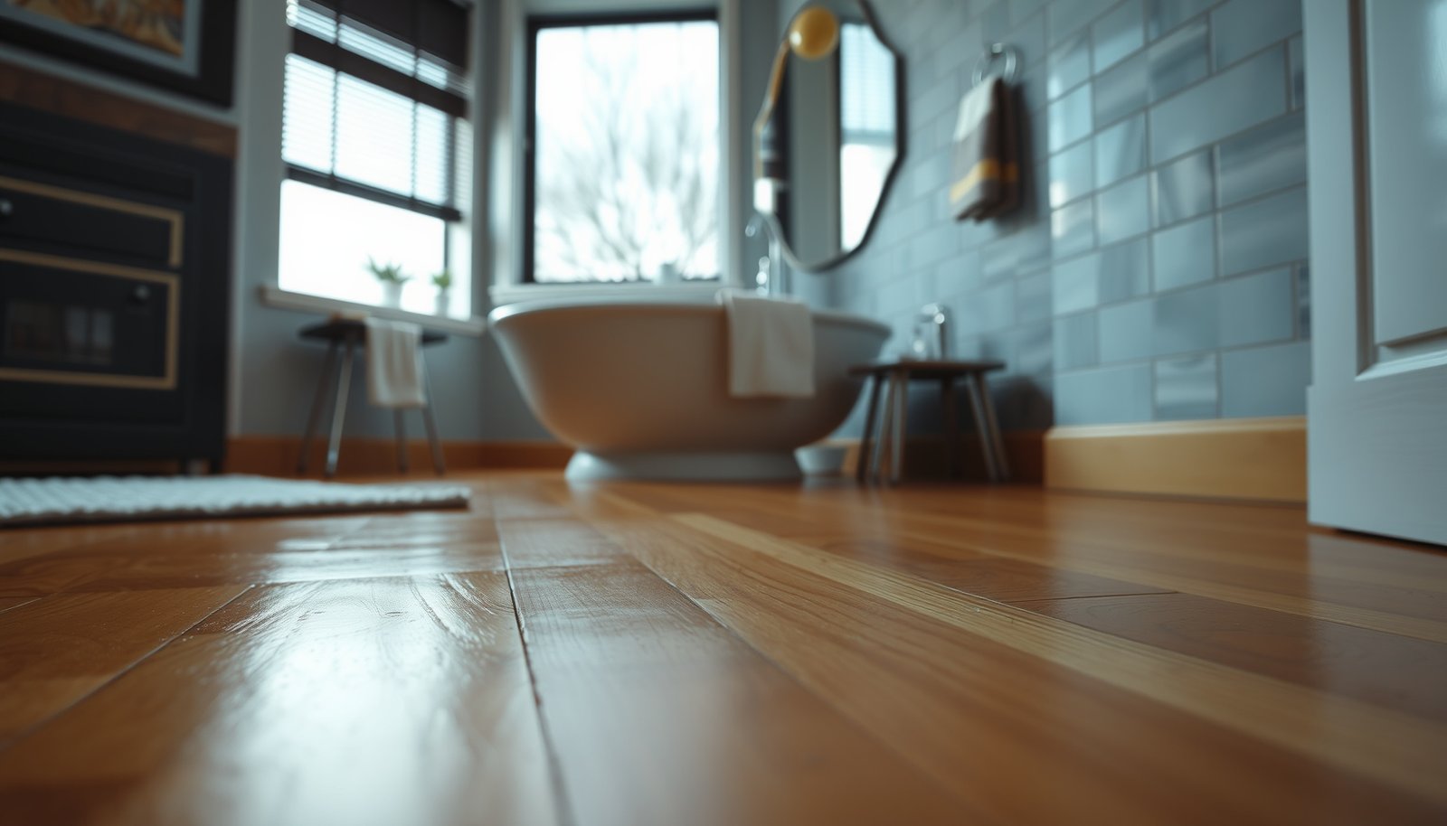 Step-by-step process of waterproofing hardwood floors in a bathroom.
