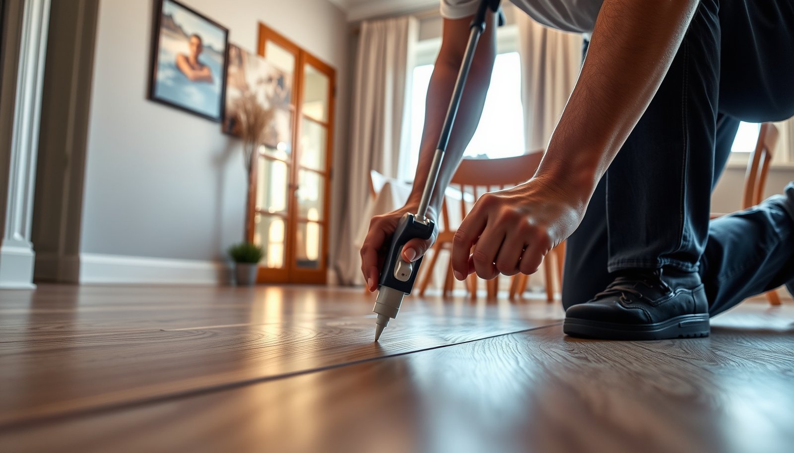 Step-by-step guide on waterproofing laminate floors in a dining room for better durability.
