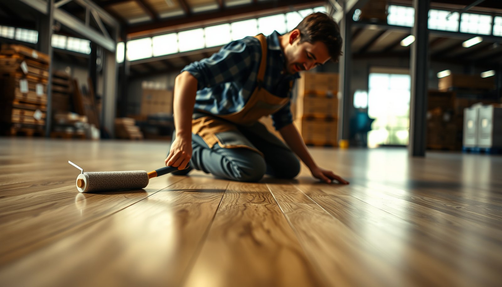 Step-by-step guide on waterproofing laminate floors in a warehouse setting.