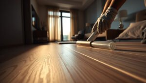 Step-by-step process of waterproofing laminate floors in a bedroom for moisture protection.