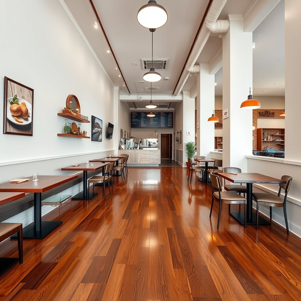 Diagram showing waterproofing plan for hardwood floors in a high-traffic restaurant setting.
