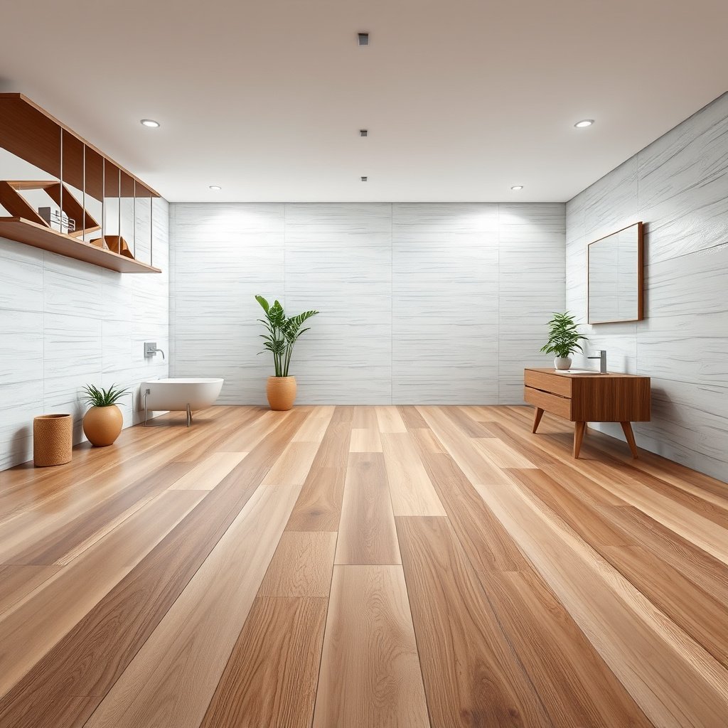 A waterproofing system applied to wood-look tile floors before grout installation.