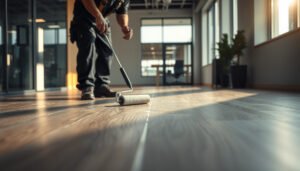 Step-by-step process for waterproofing vinyl floors in a commercial office setting.