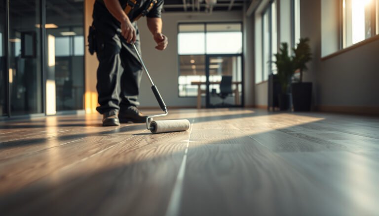 Step-by-step process for waterproofing vinyl floors in a commercial office setting.