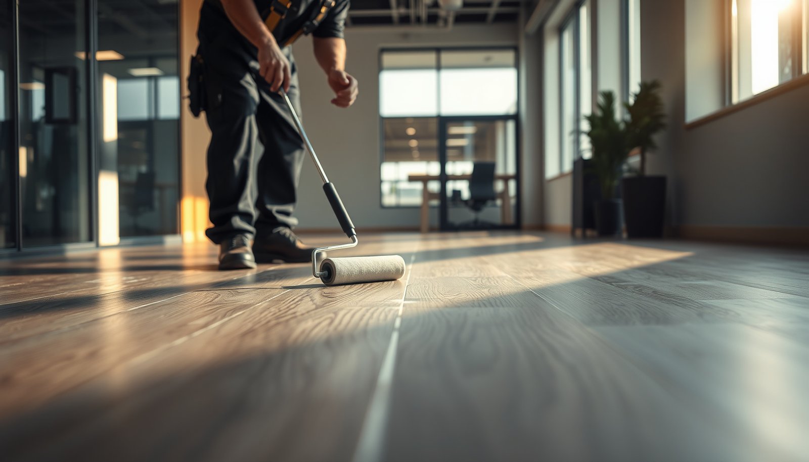 Step-by-step process for waterproofing vinyl floors in a commercial office setting.