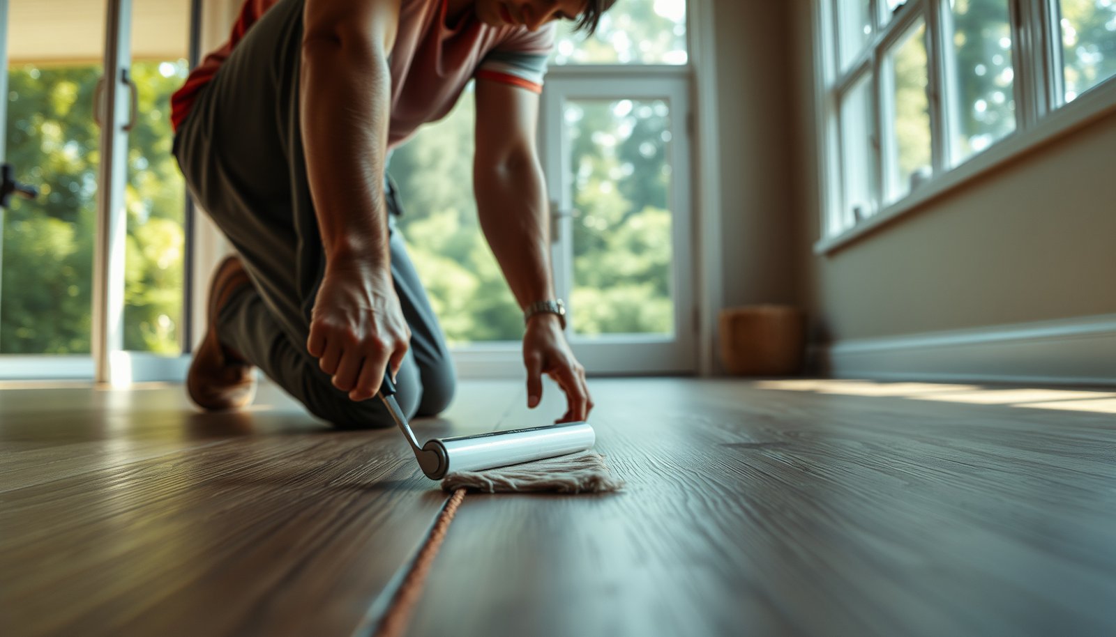 Step-by-step process of waterproofing vinyl floors in a sunroom.