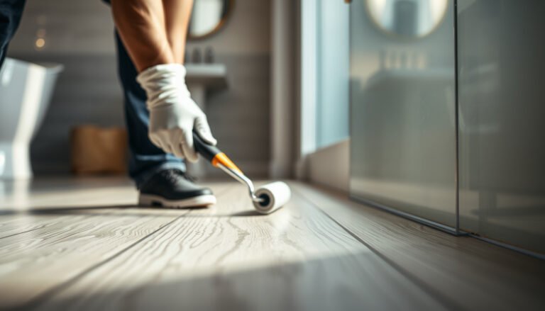 Step-by-step guide on waterproofing vinyl floors in a bathroom with essential tools and materials.