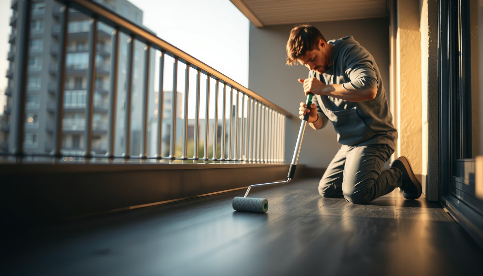 Step-by-step guide on waterproofing vinyl floors on a balcony with tools and materials.