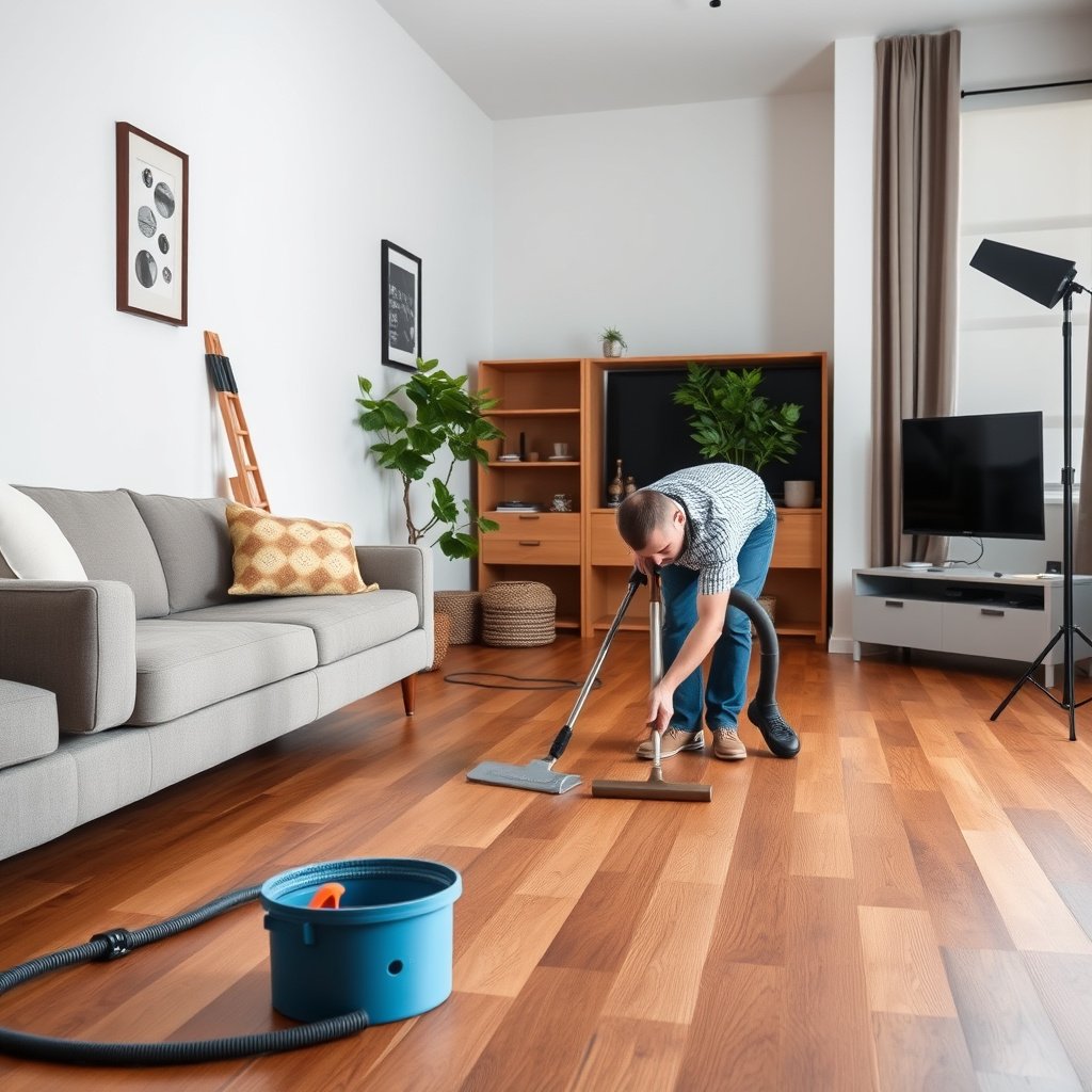 A person cleaning hardwood floors with a mop as part of a weekly care routine in an apartment.