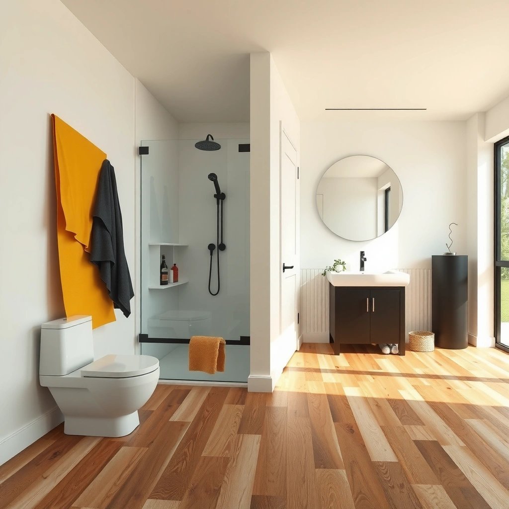 Engineered wood flooring installed in a stylish bathroom setting, showcasing its suitability and aesthetics.