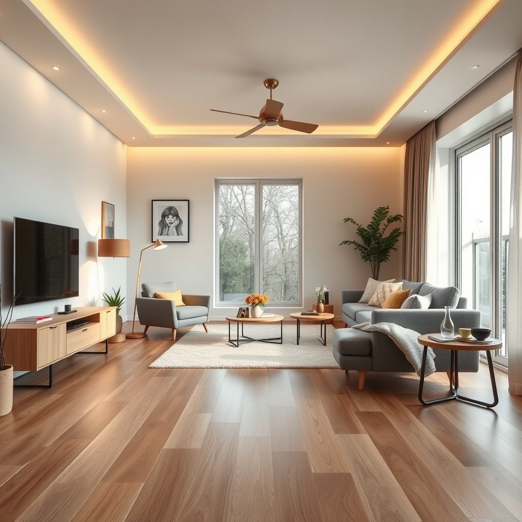 A living room with laminate floors, highlighting safety tips for families and pet owners.
