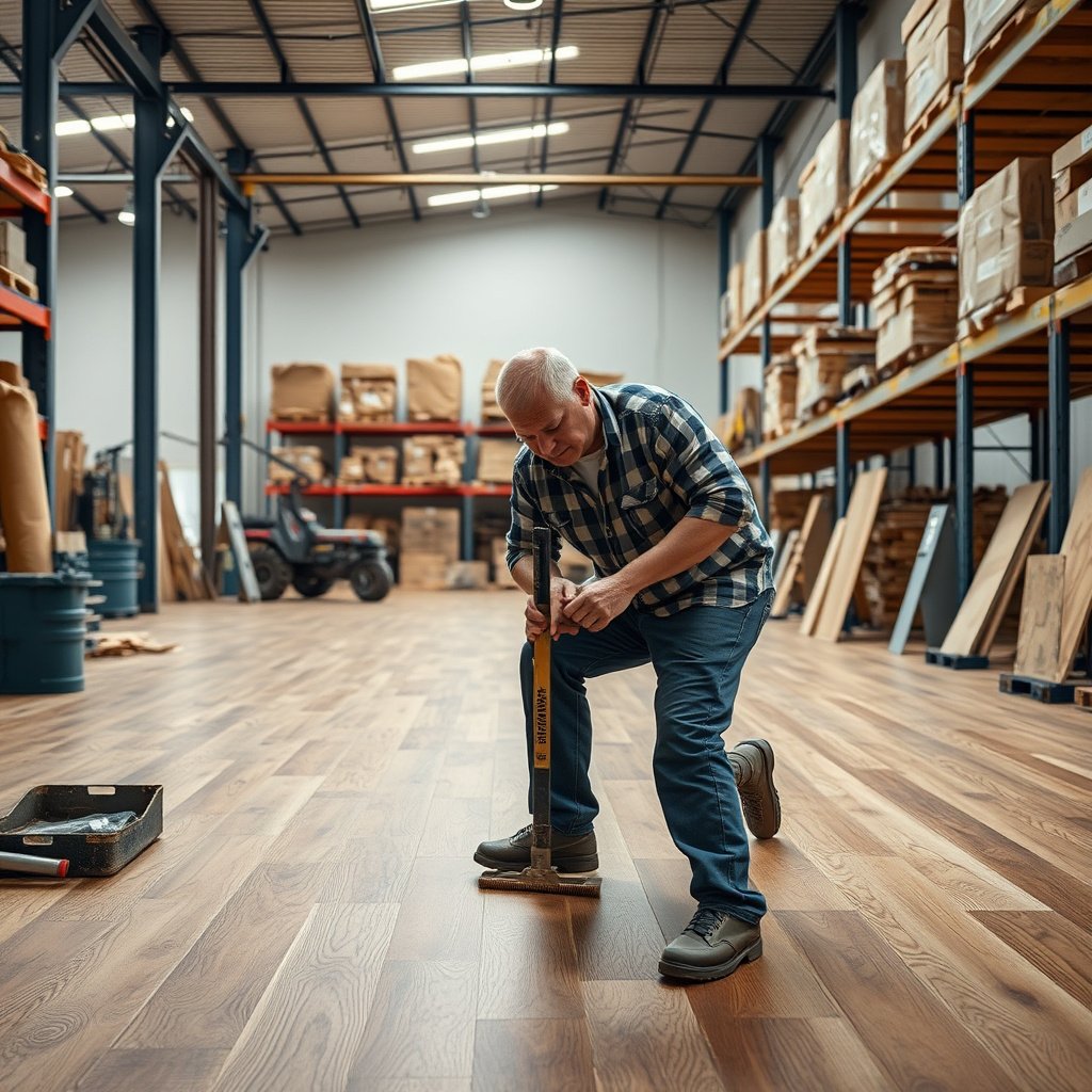 Image illustrating who can benefit from repairing hardwood floors in a warehouse setting.