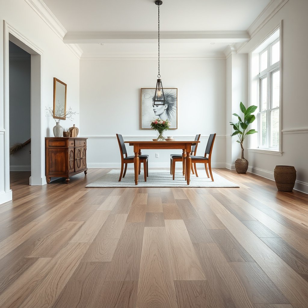 Image depicting homeowners interested in removing engineered wood floors from their dining room