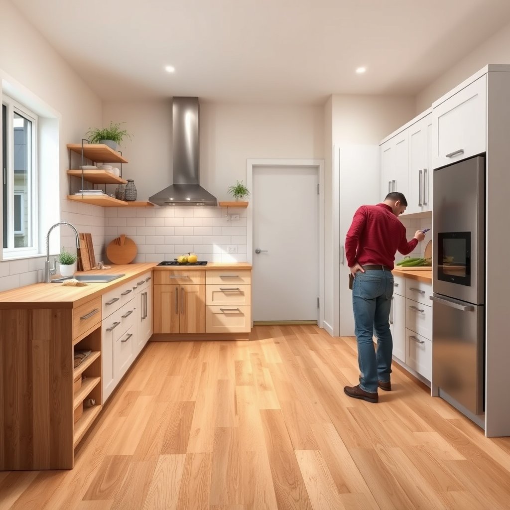 Image explaining who should install engineered wood floors in a kitchen and when it applies.