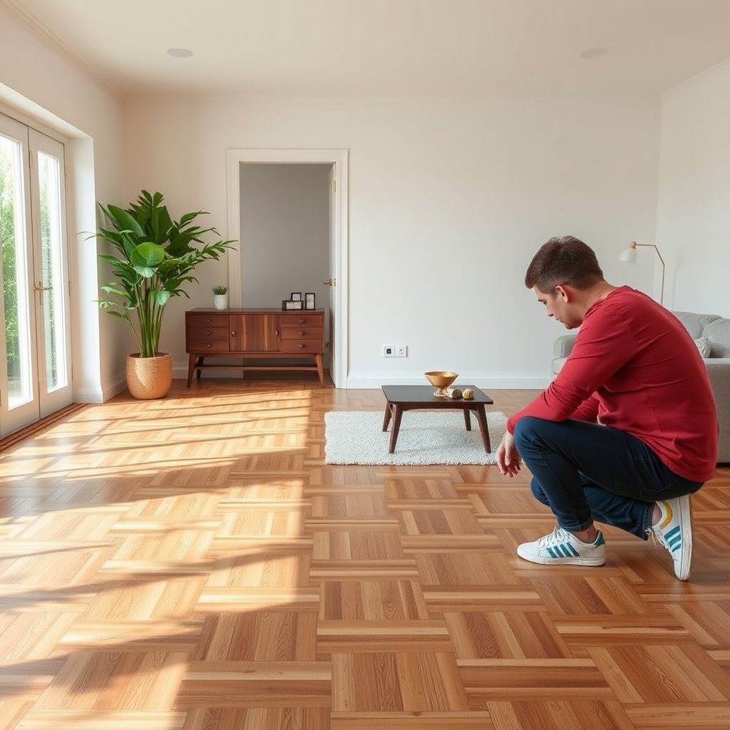 Image showing homeowners and professionals assessing parquet floor discoloration solutions.