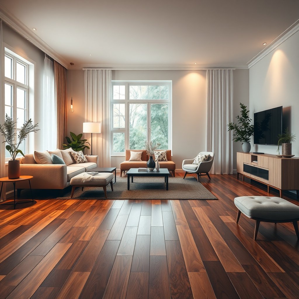 Image illustrating the audience for installing transitions around hardwood floors in a living room.