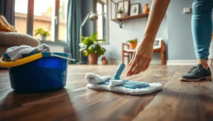 A person cleaning a WPC floor with a mop, showcasing effective maintenance tips for WPC flooring.